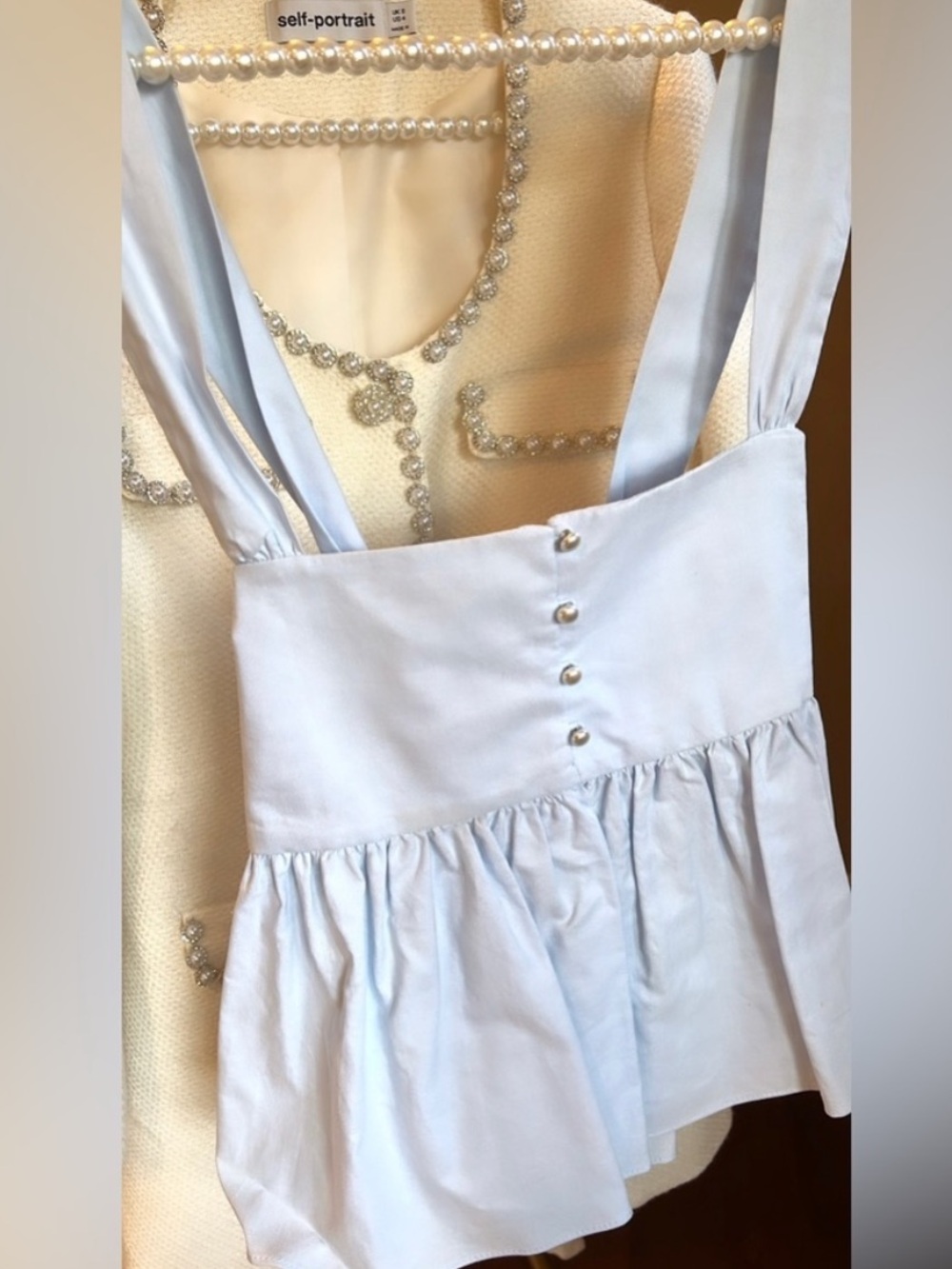 Zara Medium Pearly Light Blue Dressy Top with Button Front & Crossed Straps NWT